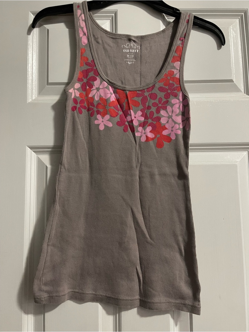 Old Navy Taupe Ribbed Tank with Pink & Red Floral Yoke